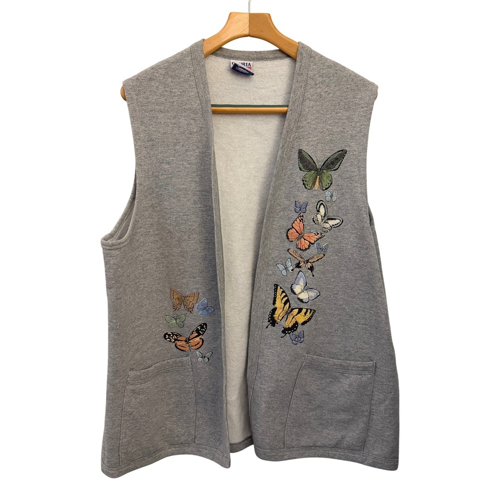 Gloria Butterfly Embroidered Fleece Vest Womens XXL Gray Good Open Front USA